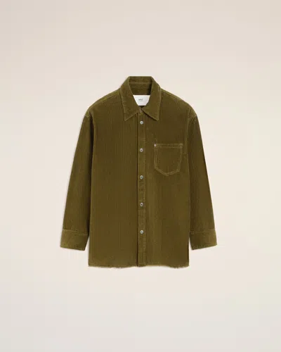 AMI ALEXANDRE MATTIUSSI GREEN COTTON CORDUROY SIDE SLIT OVERSHIRT GREEN