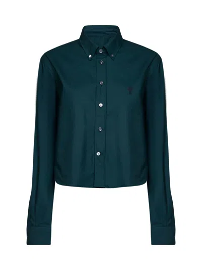 Ami Alexandre Mattiussi Shirt Cropped Classic Fit Embroidered Cotton In Green