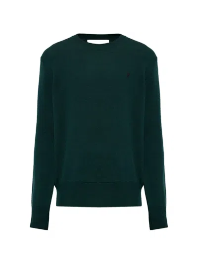 Ami Alexandre Mattiussi Green Crew-neck Wool Sweater With Ami De Coeur