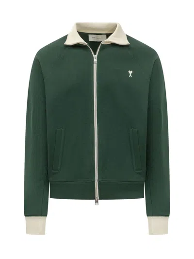 Ami Alexandre Mattiussi Logo-embroidered Cotton-jersey Zip-up Sweatshirt In Purple