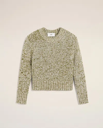 Ami Alexandre Mattiussi Green Mouliné Textured Knit Crewneck Sweater White In White Cream/lichen