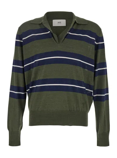Ami Alexandre Mattiussi Ami Paris Men Green Polo With All-over Striped Motif And Polo-style Collar In Wool And Silk Blend Ma
