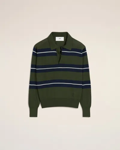 AMI ALEXANDRE MATTIUSSI GREEN WOOL SILK TONAL STRIPED POLO GREEN