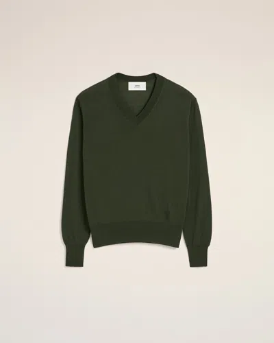 Ami Alexandre Mattiussi Green Wool Tonal V Neck Sweater Green In Loden