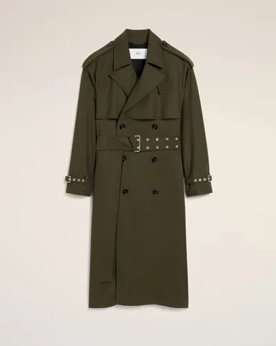 AMI ALEXANDRE MATTIUSSI GREEN WOOL TRENCH COAT GREEN