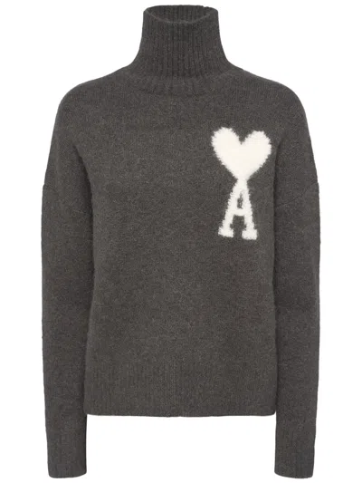 Ami Alexandre Mattiussi Logo Alpaca Blend Turtleneck Sweater In Grey