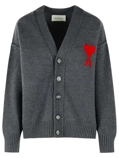 Ami Alexandre Mattiussi Grey Ami De Caur V-neck Wool Cardigan In Gray
