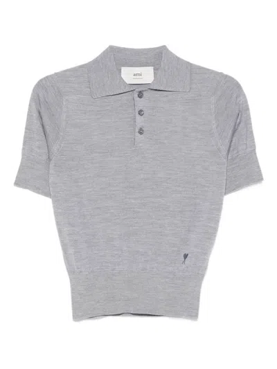 Ami Alexandre Mattiussi Grey Ami De Coeur Fine-knit Wool-silk Polo Shirt In White