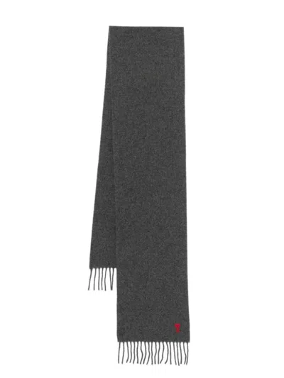 Ami Alexandre Mattiussi Grey Ami De Coeur Logo Scarf In Black
