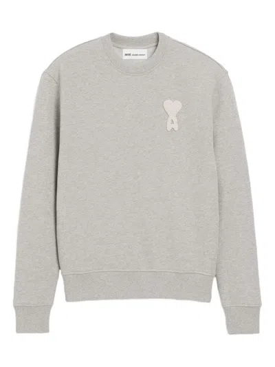 Ami Alexandre Mattiussi Ami Round Neck Sweater With Logo Detail And Ribbed Finishes In Gray