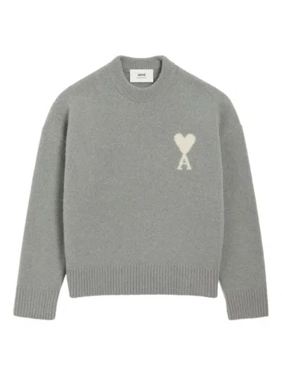 AMI ALEXANDRE MATTIUSSI GREY CREWNECK LOGO SWEATER