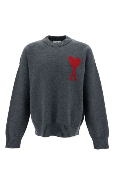 Ami Alexandre Mattiussi Grey Crewneck Sweatshirt With Red Adc Embroidery In Wool Man