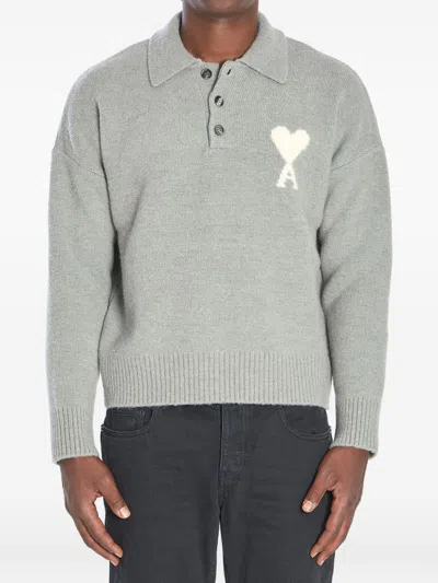 AMI ALEXANDRE MATTIUSSI GREY LOGO POLO SWEATER