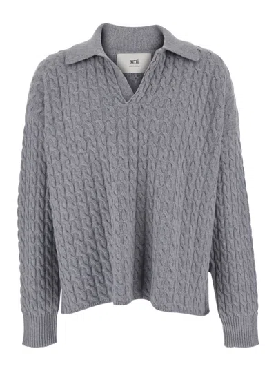 AMI ALEXANDRE MATTIUSSI GREY POLO SHIRT WITH WOVEN DESIGN IN WOOL MAN