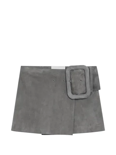 Ami Alexandre Mattiussi Goat Leather Big Buckle Belted Mini Skirt In Gray