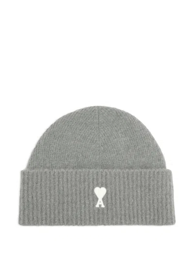 Ami Alexandre Mattiussi Grey Textured Logo Beanie Hat In Gray