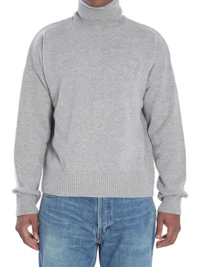 AMI ALEXANDRE MATTIUSSI GREY TURTLENECK SWEATER WITH RIBBED DETAILING