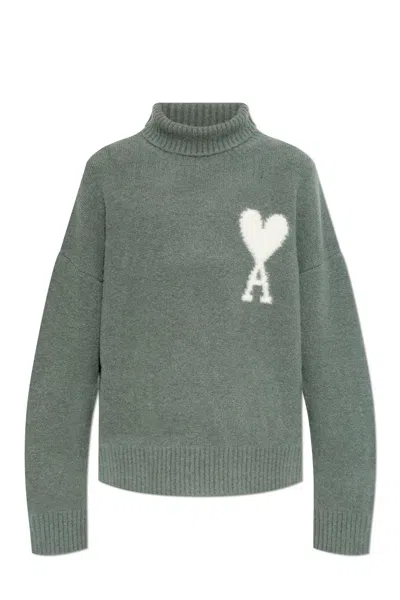 Ami Alexandre Mattiussi Grey Turtleneck Sweater With Ribbed Details And Heart Logo In Green