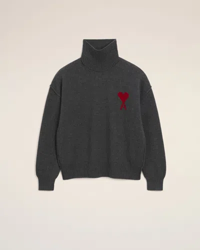 Ami Alexandre Mattiussi Grey Wool Ami De Coeur Funnel Neck Sweater Grey In Black