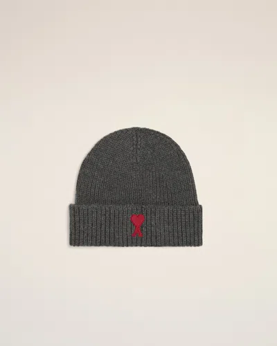 Ami Alexandre Mattiussi Grey Wool Beanie With Ami De Coeur Grey In Metallic