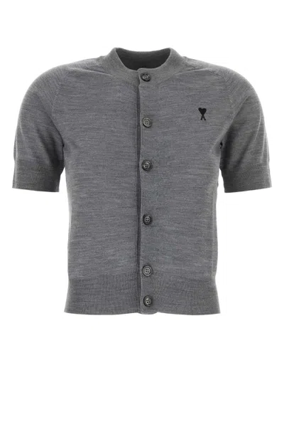 Ami Alexandre Mattiussi Ami Paris Embroidered Heart Round Collar Short Sleeve Sweater In Gray