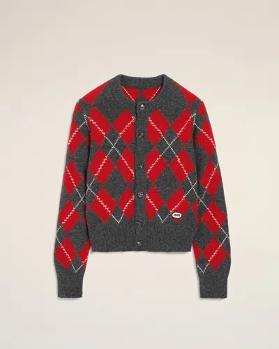 Ami Alexandre Mattiussi Grey Wool Cardigan In Red Argyle Grey In Carbon Gray/ruby Red