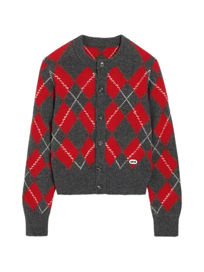 Ami Alexandre Mattiussi Grey Wool Cardigan In Red Argyle In Multi