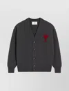 Ami Alexandre Mattiussi Dark Grey Wool Cardigan With Embroidered Heart Detail In Black