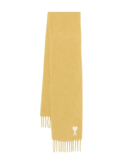 Ami Alexandre Mattiussi Heart-embellishment Fringed-hem Scarf In Yellow