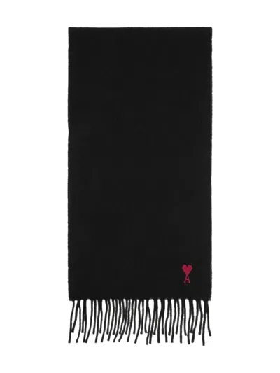 Ami Alexandre Mattiussi Heart-embroidered Fringed Scarf In Black