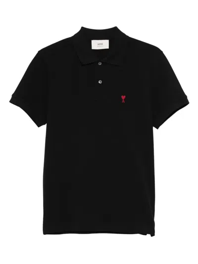 Ami Alexandre Mattiussi Heart-embroidered Polo Shirt In Black
