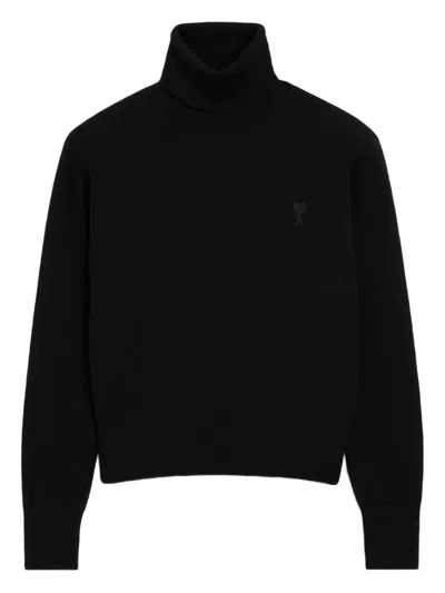 Ami Alexandre Mattiussi Heart-embroidered Turtleneck Sweater In Black