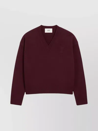 Ami Alexandre Mattiussi Heart Embroidered V-neck Sweater In Burgundy
