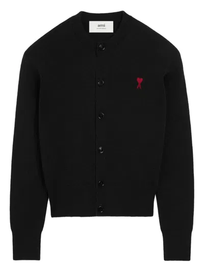 Ami Alexandre Mattiussi Heart-embroidered Wool Cardigan In Black