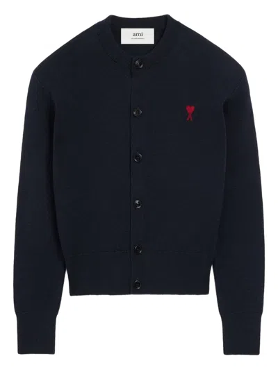 Ami Alexandre Mattiussi Heart-embroidered Wool Cardigan In Blue