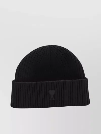 Ami Alexandre Mattiussi Heart Friend Ribbed Knit Beanie In Black