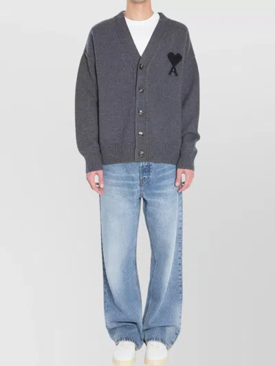 AMI ALEXANDRE MATTIUSSI HEART FRIEND WOOL CARDIGAN WITH EXPOSED SEAMS