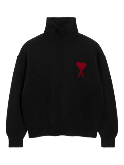 Ami Alexandre Mattiussi Heart-intarsia Funnel-neck Sweater In Black