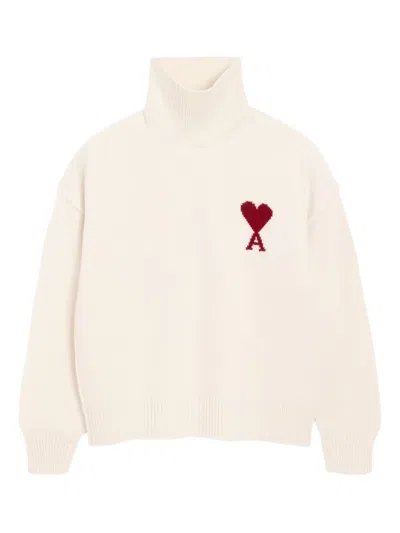 Ami Alexandre Mattiussi Heart-intarsia Funnel-neck Sweater In White