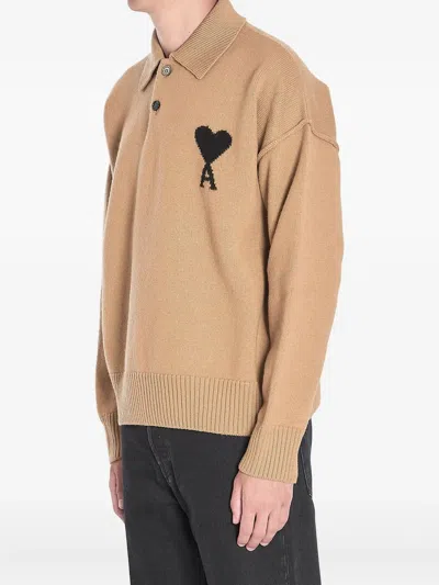 Ami Alexandre Mattiussi Woolen Heart Friend Polo With Exposed Seams In Brown