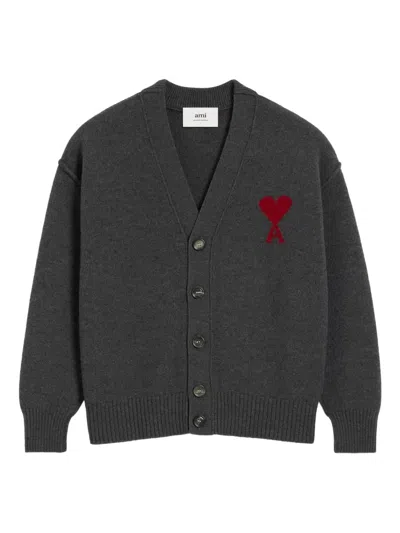 Ami Alexandre Mattiussi Heart-intarsia Wool Cardigan In Gray