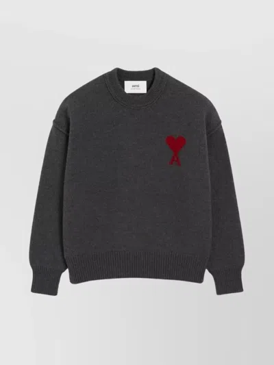 Ami Alexandre Mattiussi Heart Intarsia Wool Knit Crewneck Sweater In Gray