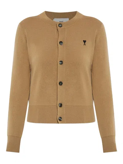 Ami Alexandre Mattiussi Heart-logo Button Wool Cardigan In Brown