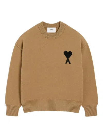 Ami Alexandre Mattiussi Heart-logo Crew-neck Sweater In Brown