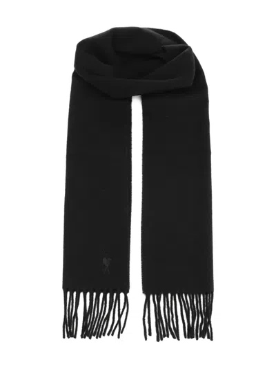 Ami Alexandre Mattiussi Heart-logo Fringed Scarf In Black