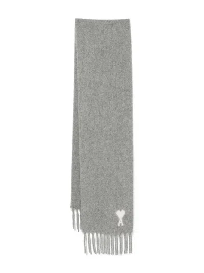 Ami Alexandre Mattiussi Ami Paris Ami De Coeur Scarf With Fringes In Gray
