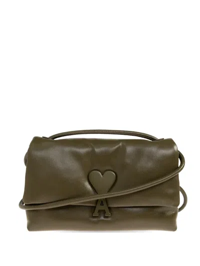 Ami Alexandre Mattiussi Heart Logo Leather Tote Bag In Green