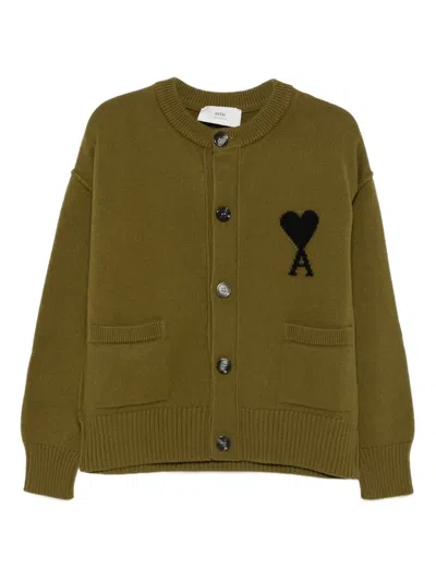 Ami Alexandre Mattiussi Heart-logo Patch-pocket Cardigan In Green