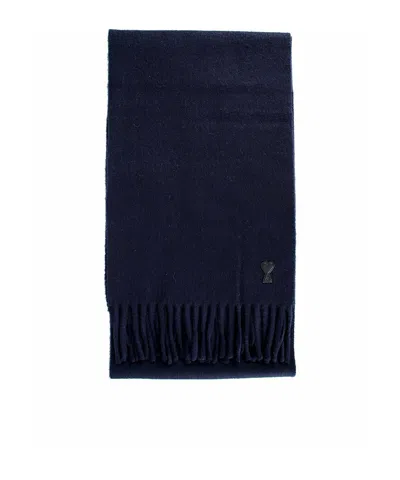 Ami Alexandre Mattiussi Heart Logo Patch Wool Scarf Navy In Black