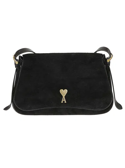 Ami Alexandre Mattiussi Heart Logo Plaque Velvet Shoulder Bag In Black